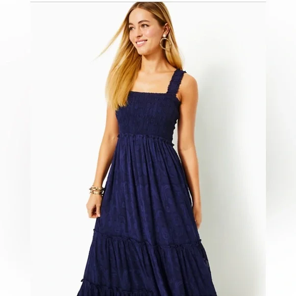Lilly Pulitzer “Hadly” Smocked Navy Blue Maxi Dress - Picture 7 of 9